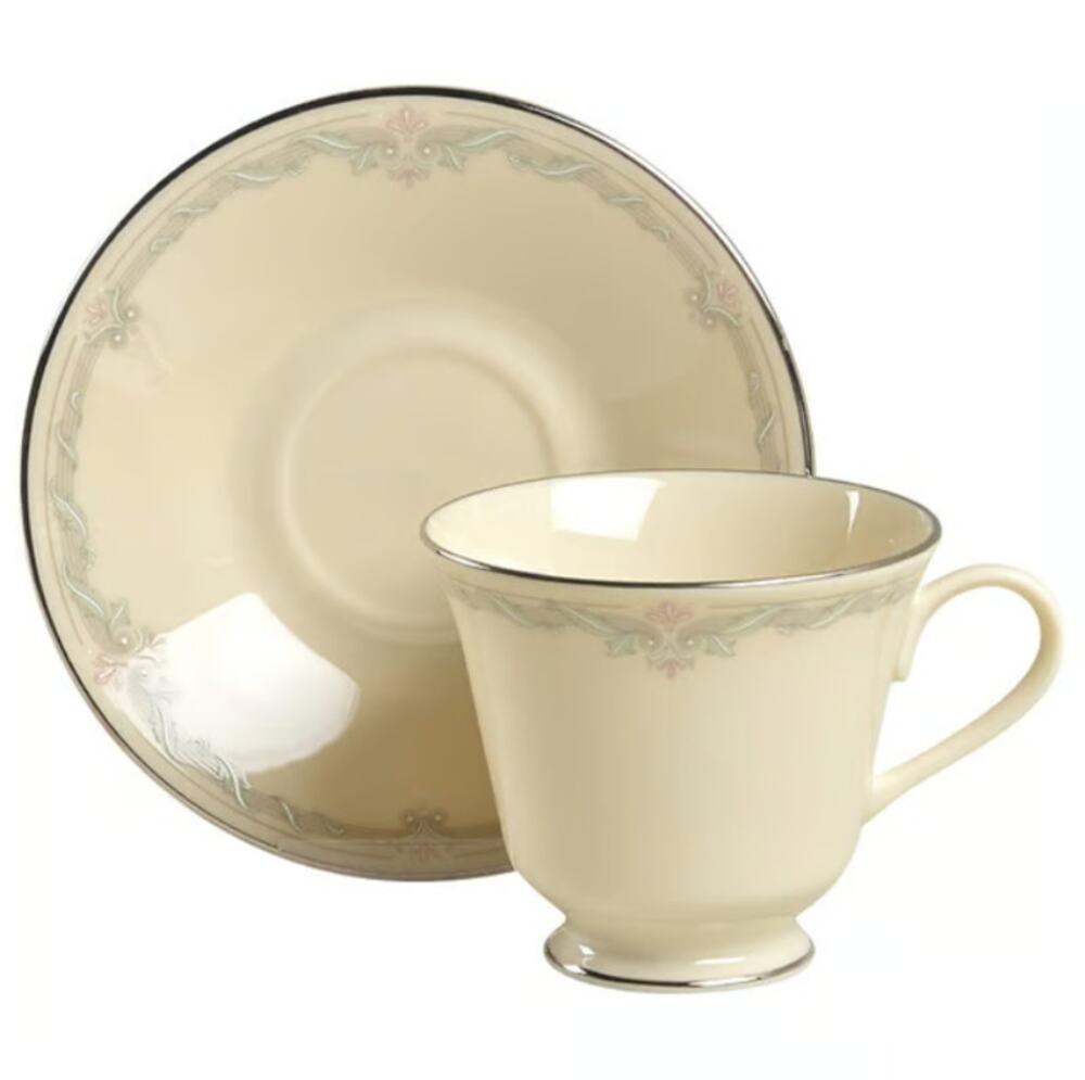 LENOX Kingston Footed Cup and Saucer Set Blue Platinum rim Excellent Fine china